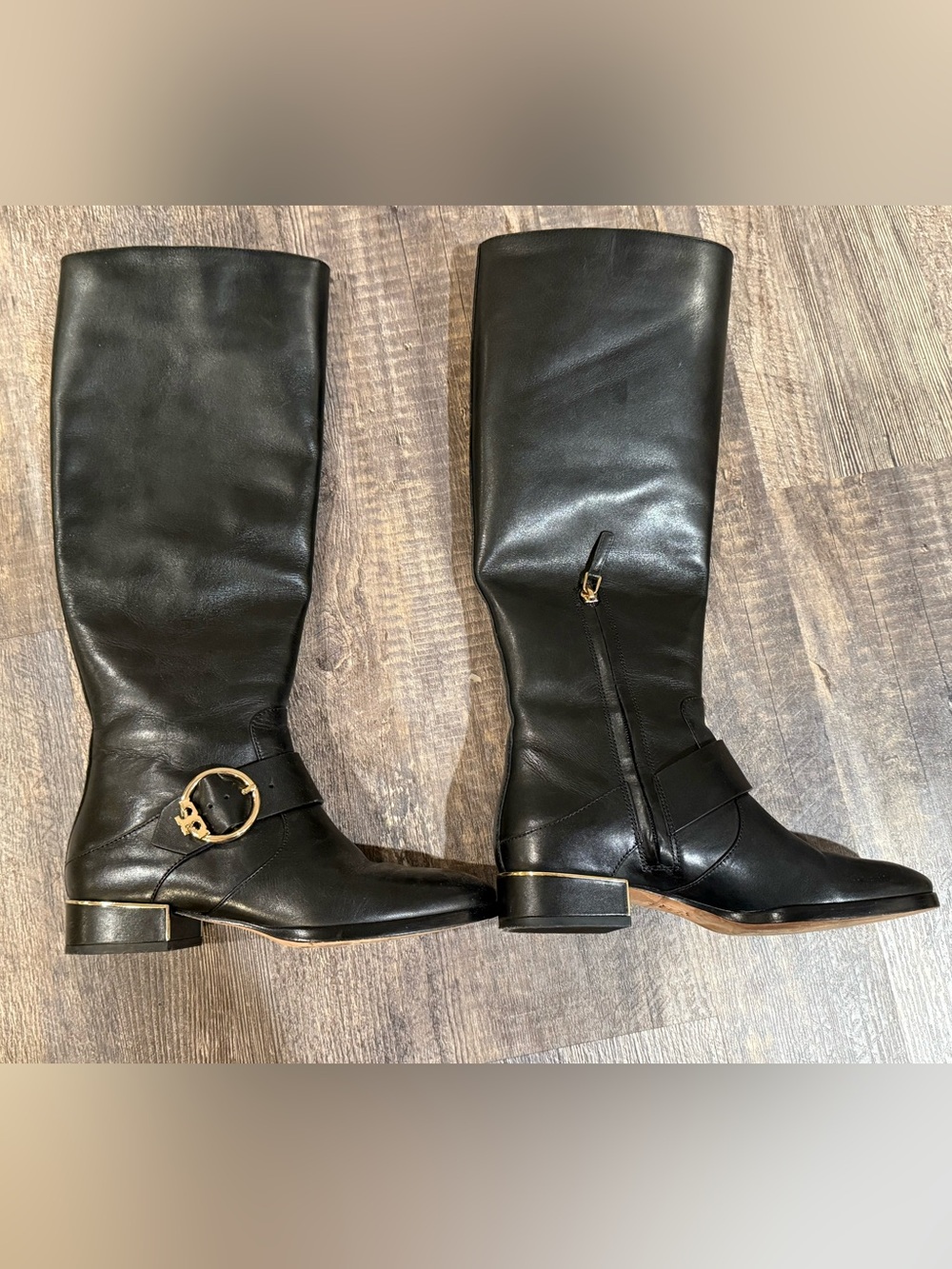 Tory Burch Women's Black Leather Riding Boots with Gold Buckle